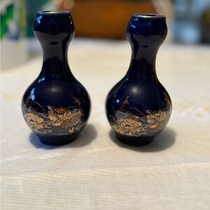 Vintage Mini Elegant Blue and Gold Vase Set